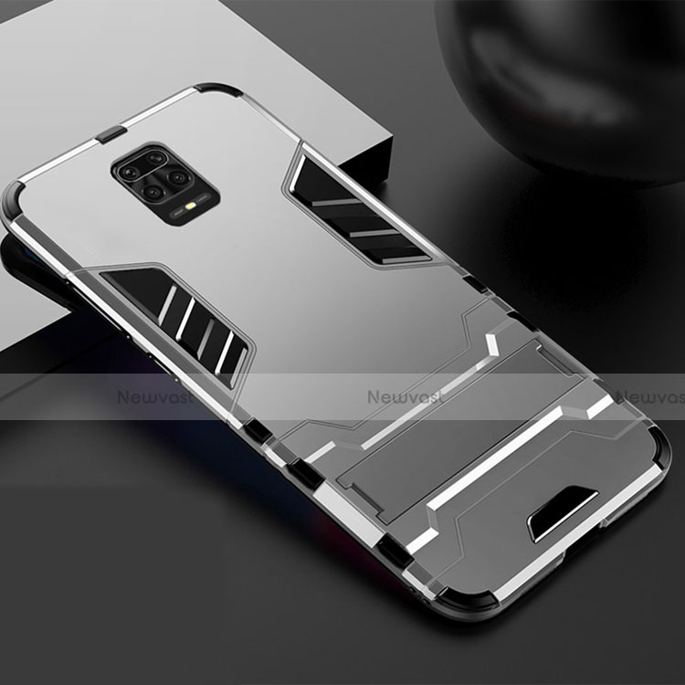 Silicone Matte Finish and Plastic Back Cover Case with Stand R01 for Xiaomi Redmi Note 9 Pro Silver
