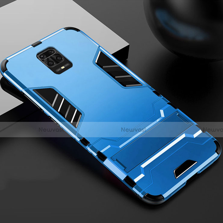 Silicone Matte Finish and Plastic Back Cover Case with Stand R01 for Xiaomi Redmi Note 9 Pro Sky Blue