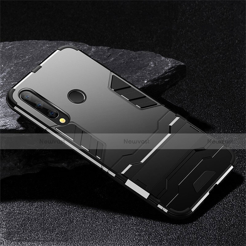 Silicone Matte Finish and Plastic Back Cover Case with Stand R02 for Huawei Honor 20 Lite Black