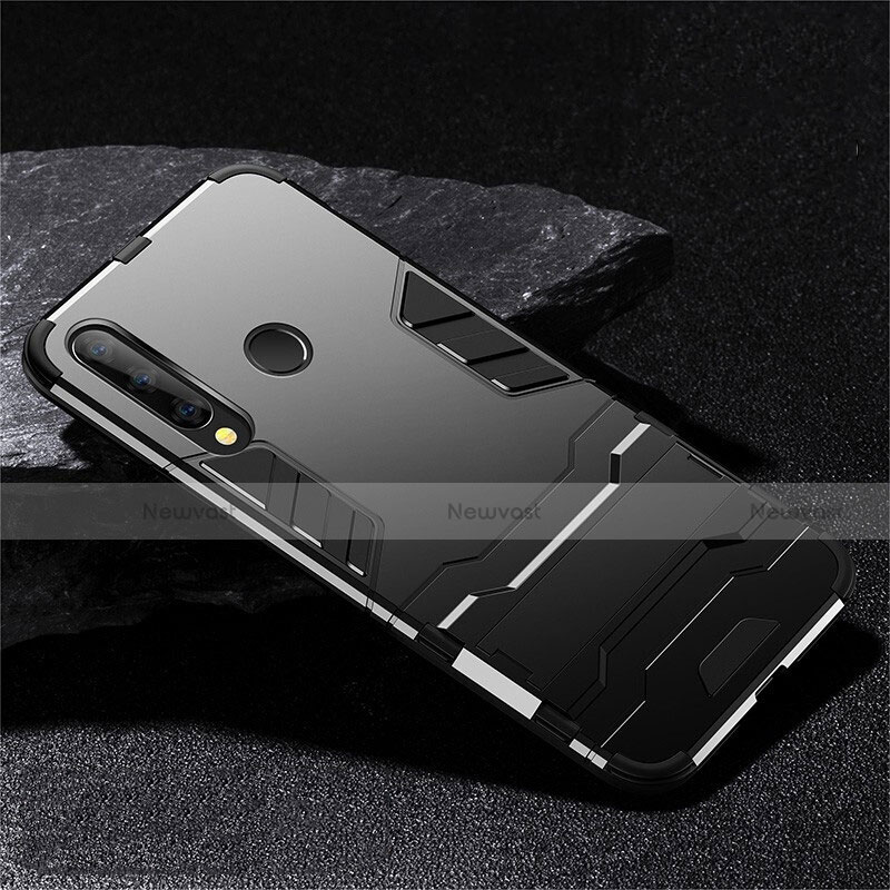 Silicone Matte Finish and Plastic Back Cover Case with Stand R02 for Huawei Honor 20E Black