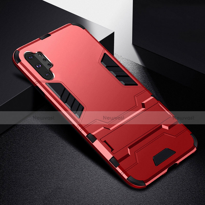 Silicone Matte Finish and Plastic Back Cover Case with Stand R02 for Samsung Galaxy Note 10 Plus 5G Red