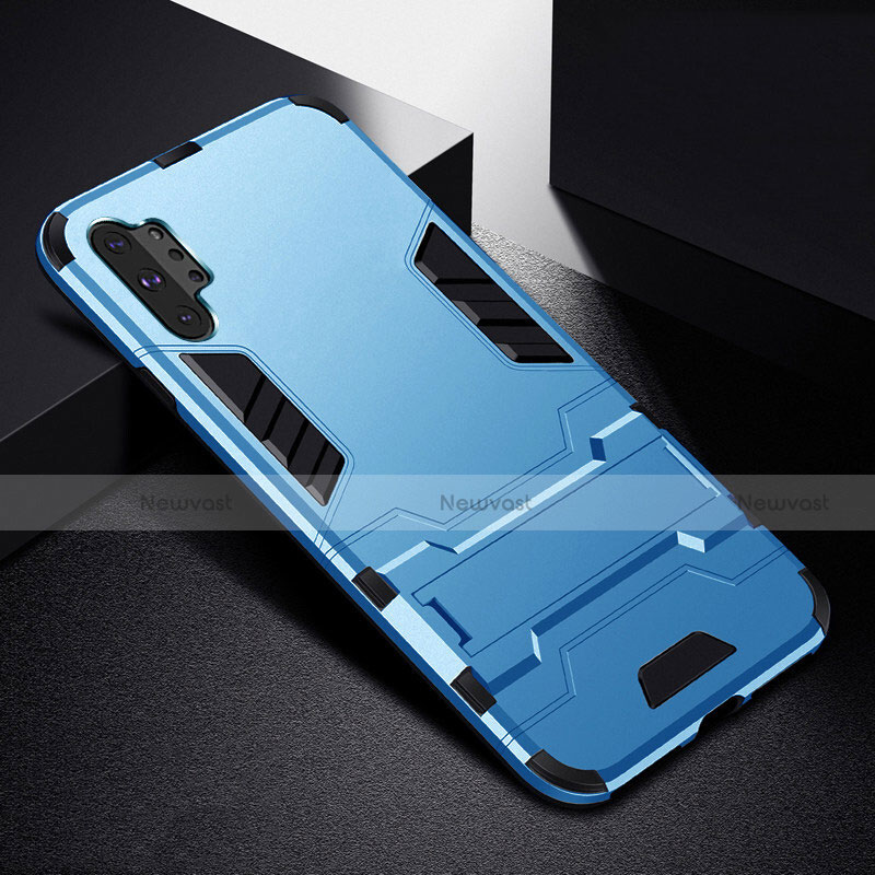 Silicone Matte Finish and Plastic Back Cover Case with Stand R02 for Samsung Galaxy Note 10 Plus 5G Sky Blue