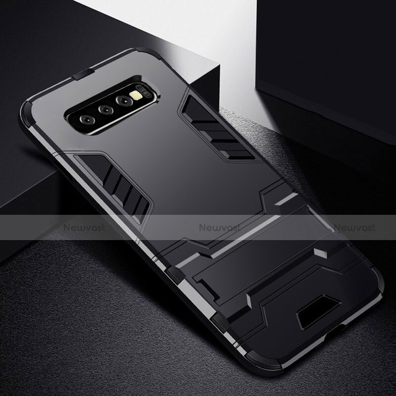 Silicone Matte Finish and Plastic Back Cover Case with Stand R02 for Samsung Galaxy S10 5G Black