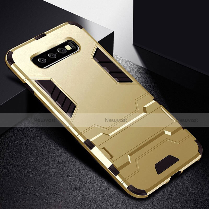 Silicone Matte Finish and Plastic Back Cover Case with Stand R02 for Samsung Galaxy S10 Plus Gold