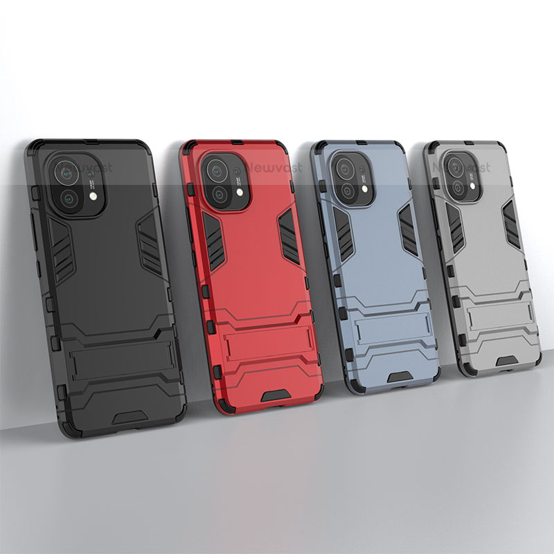 Silicone Matte Finish and Plastic Back Cover Case with Stand R02 for Xiaomi Mi 11 5G