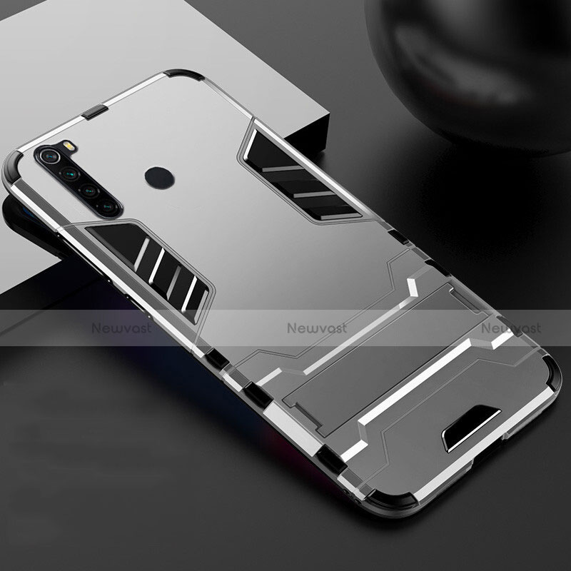 Silicone Matte Finish and Plastic Back Cover Case with Stand R02 for Xiaomi Redmi Note 8 (2021)