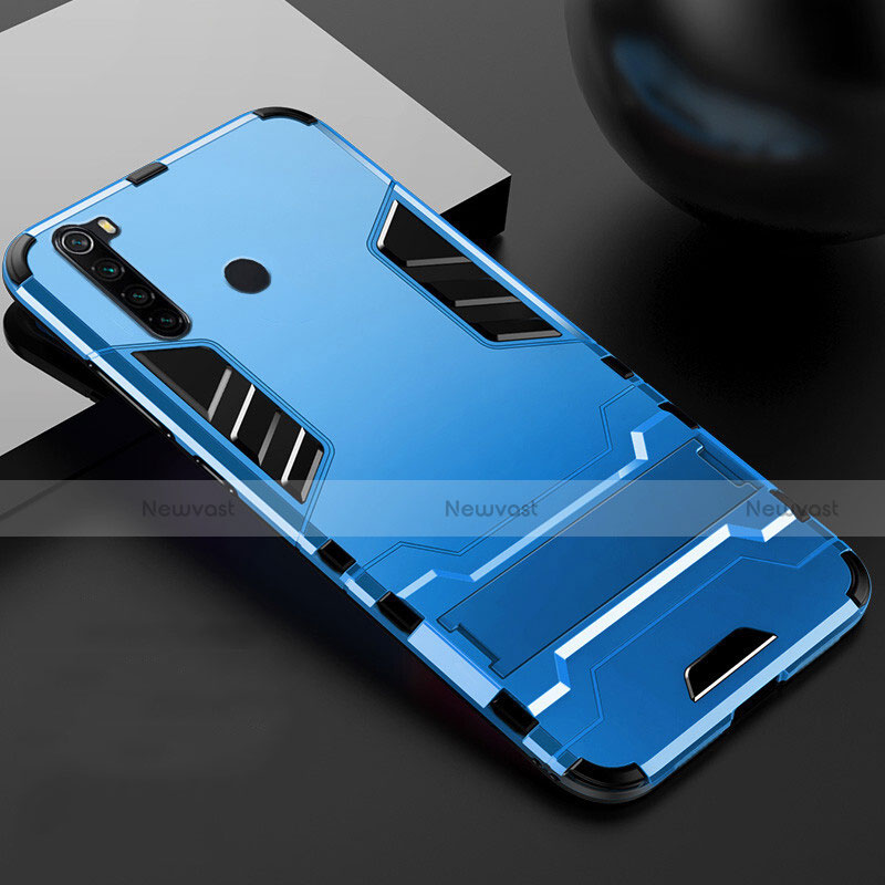 Silicone Matte Finish and Plastic Back Cover Case with Stand R02 for Xiaomi Redmi Note 8 Sky Blue
