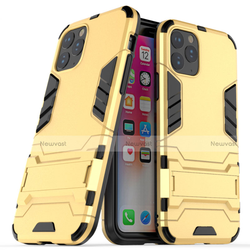 Silicone Matte Finish and Plastic Back Cover Case with Stand R03 for Apple iPhone 11 Pro Gold