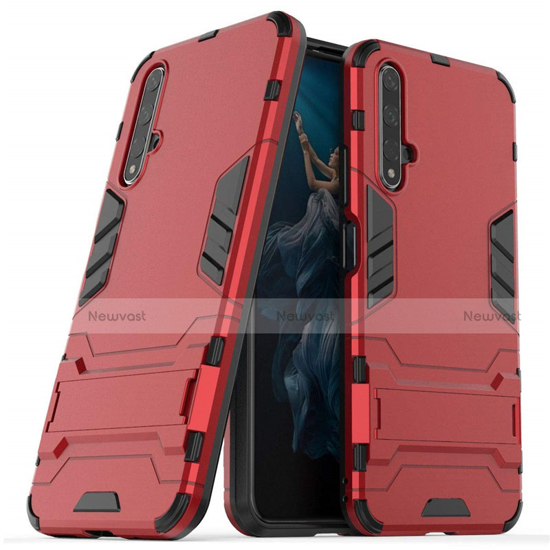 Silicone Matte Finish and Plastic Back Cover Case with Stand R03 for Huawei Honor 20 Red