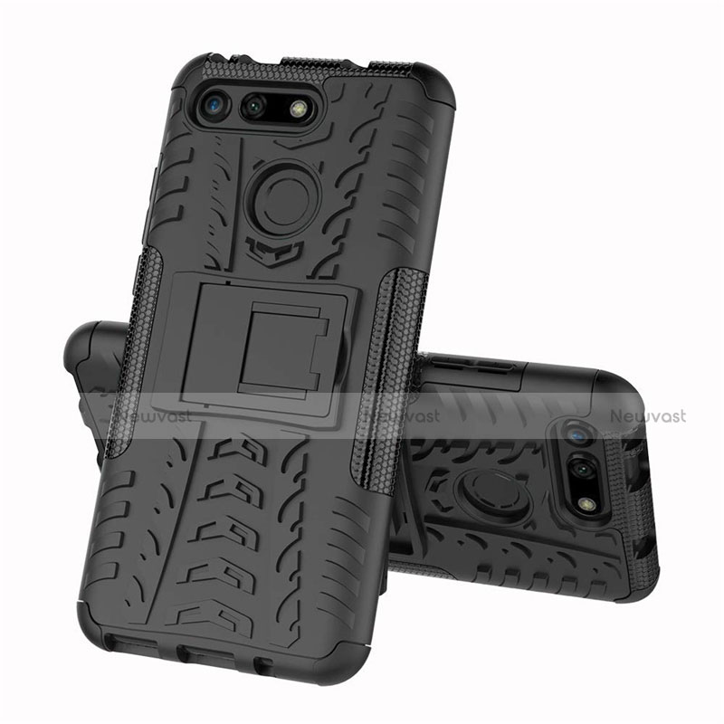 Silicone Matte Finish and Plastic Back Cover Case with Stand R03 for Huawei Honor V20 Black