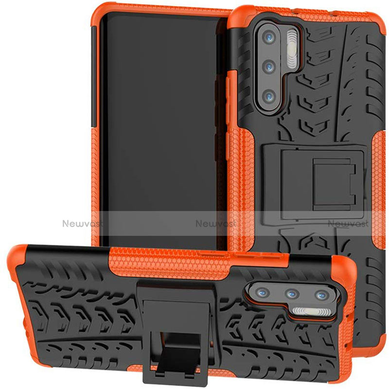 Silicone Matte Finish and Plastic Back Cover Case with Stand R03 for Huawei P30 Pro Orange