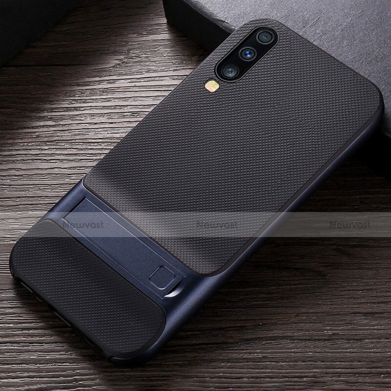 Silicone Matte Finish and Plastic Back Cover Case with Stand R03 for Samsung Galaxy A70 Blue