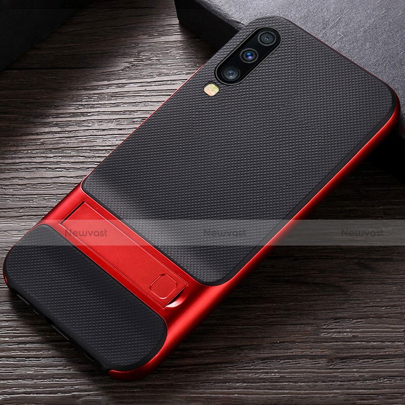 Silicone Matte Finish and Plastic Back Cover Case with Stand R03 for Samsung Galaxy A70 Red