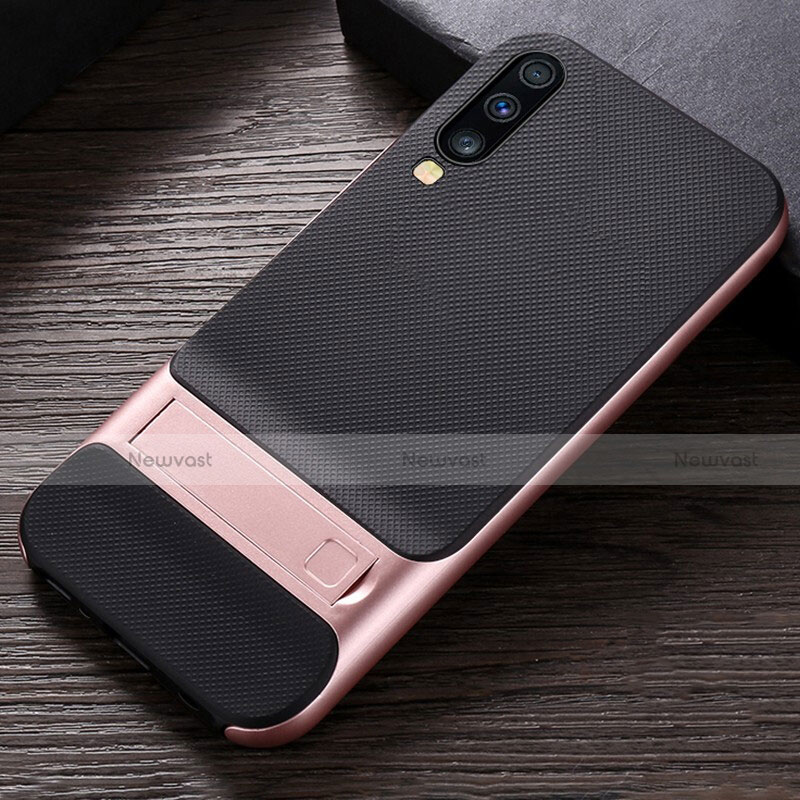 Silicone Matte Finish and Plastic Back Cover Case with Stand R03 for Samsung Galaxy A70 Rose Gold