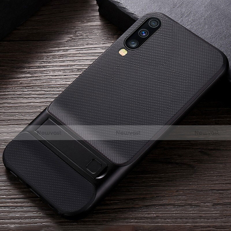 Silicone Matte Finish and Plastic Back Cover Case with Stand R03 for Samsung Galaxy A70S Black