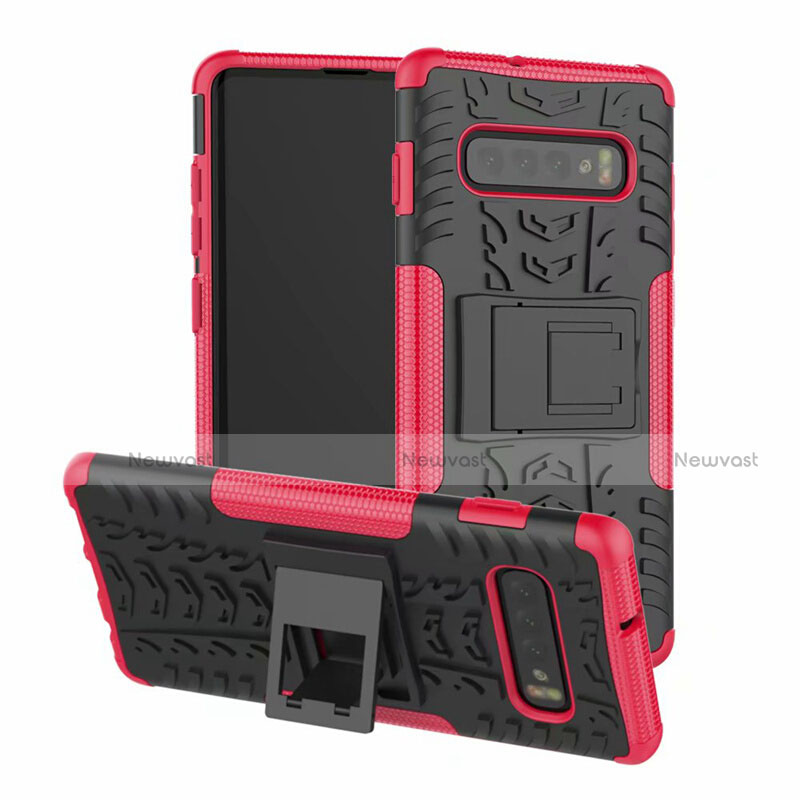 Silicone Matte Finish and Plastic Back Cover Case with Stand R03 for Samsung Galaxy S10 5G Hot Pink
