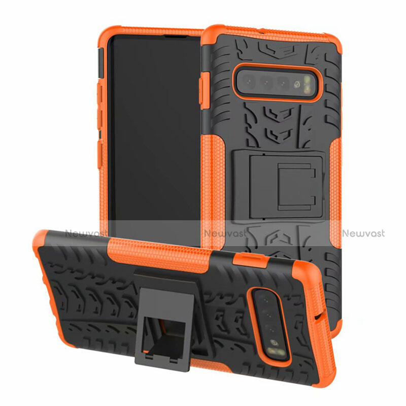 Silicone Matte Finish and Plastic Back Cover Case with Stand R03 for Samsung Galaxy S10 5G Orange
