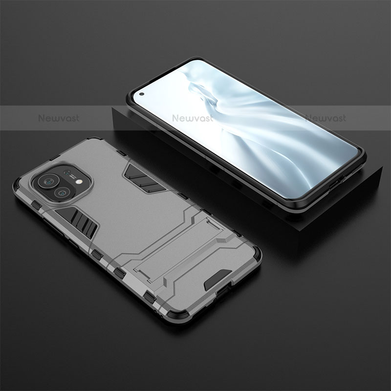 Silicone Matte Finish and Plastic Back Cover Case with Stand R03 for Xiaomi Mi 11 5G Gray
