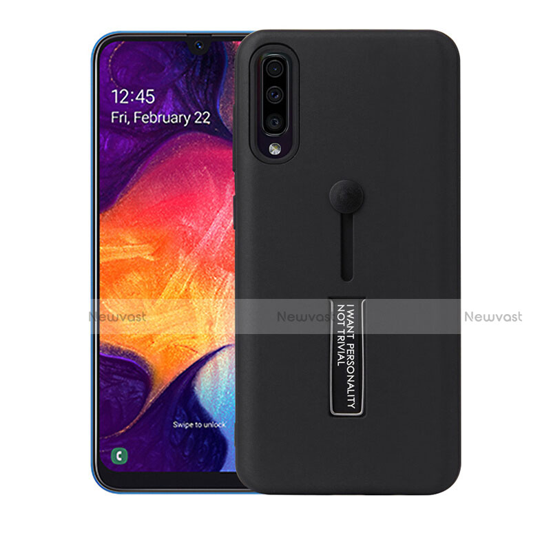 Silicone Matte Finish and Plastic Back Cover Case with Stand R04 for Samsung Galaxy A70S Black
