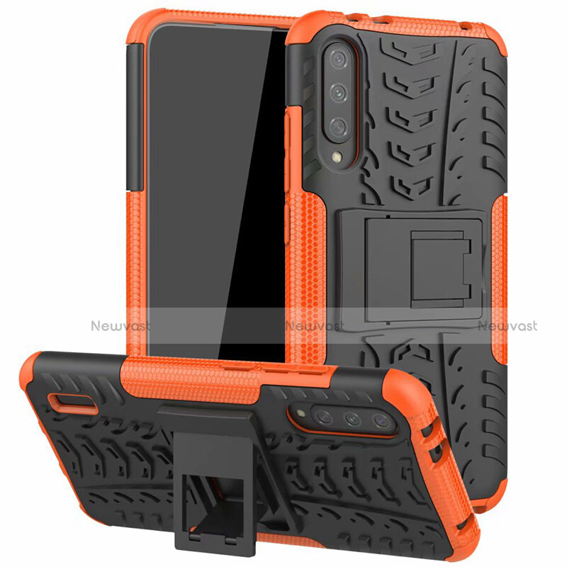 Silicone Matte Finish and Plastic Back Cover Case with Stand R04 for Xiaomi Mi A3 Orange