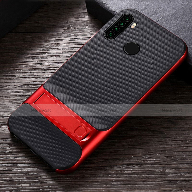 Silicone Matte Finish and Plastic Back Cover Case with Stand R04 for Xiaomi Redmi Note 8 (2021)