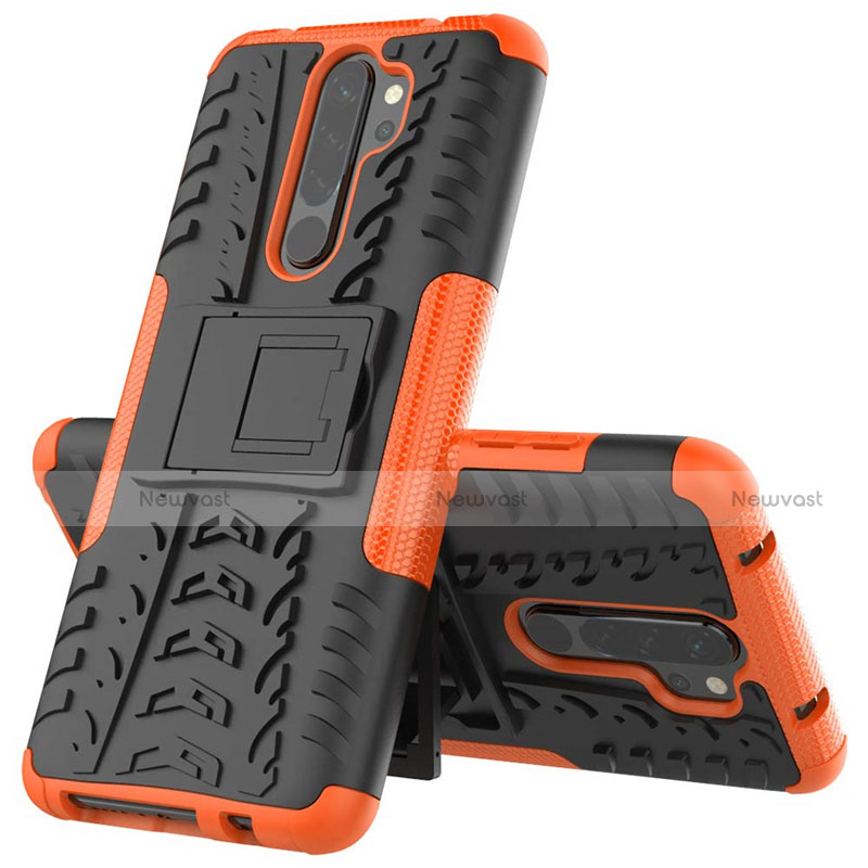 Silicone Matte Finish and Plastic Back Cover Case with Stand R04 for Xiaomi Redmi Note 8 Pro Orange