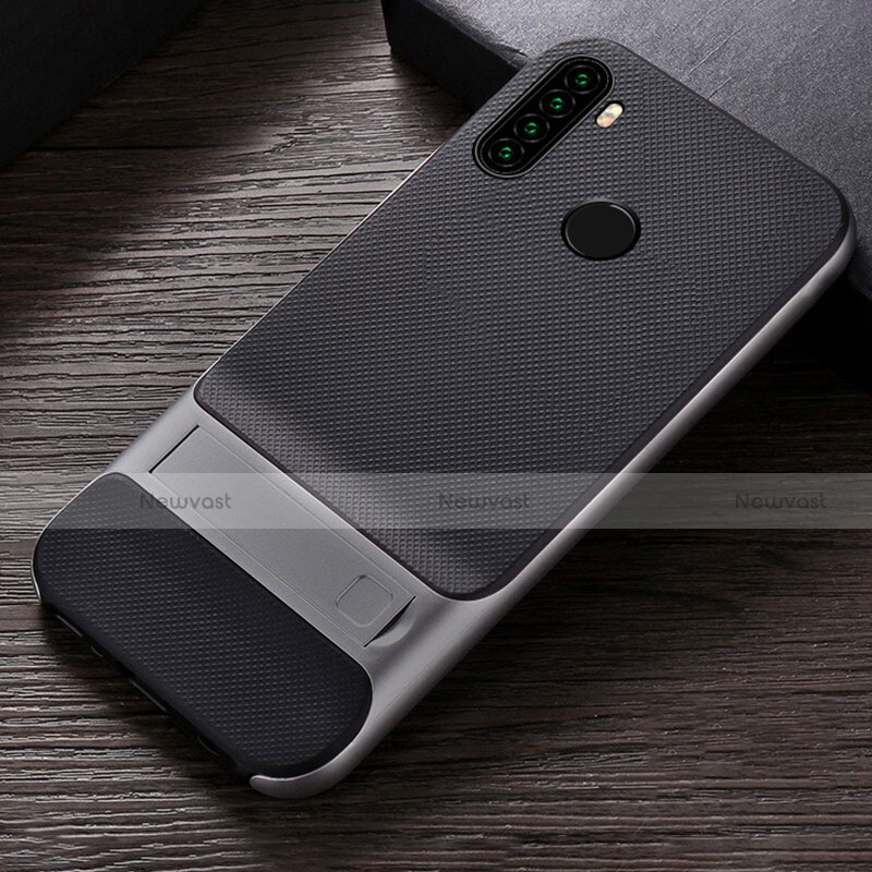 Silicone Matte Finish and Plastic Back Cover Case with Stand R04 for Xiaomi Redmi Note 8 Silver