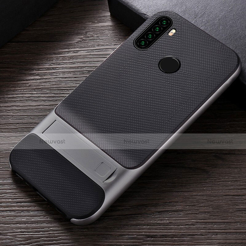 Silicone Matte Finish and Plastic Back Cover Case with Stand R04 for Xiaomi Redmi Note 8T Silver