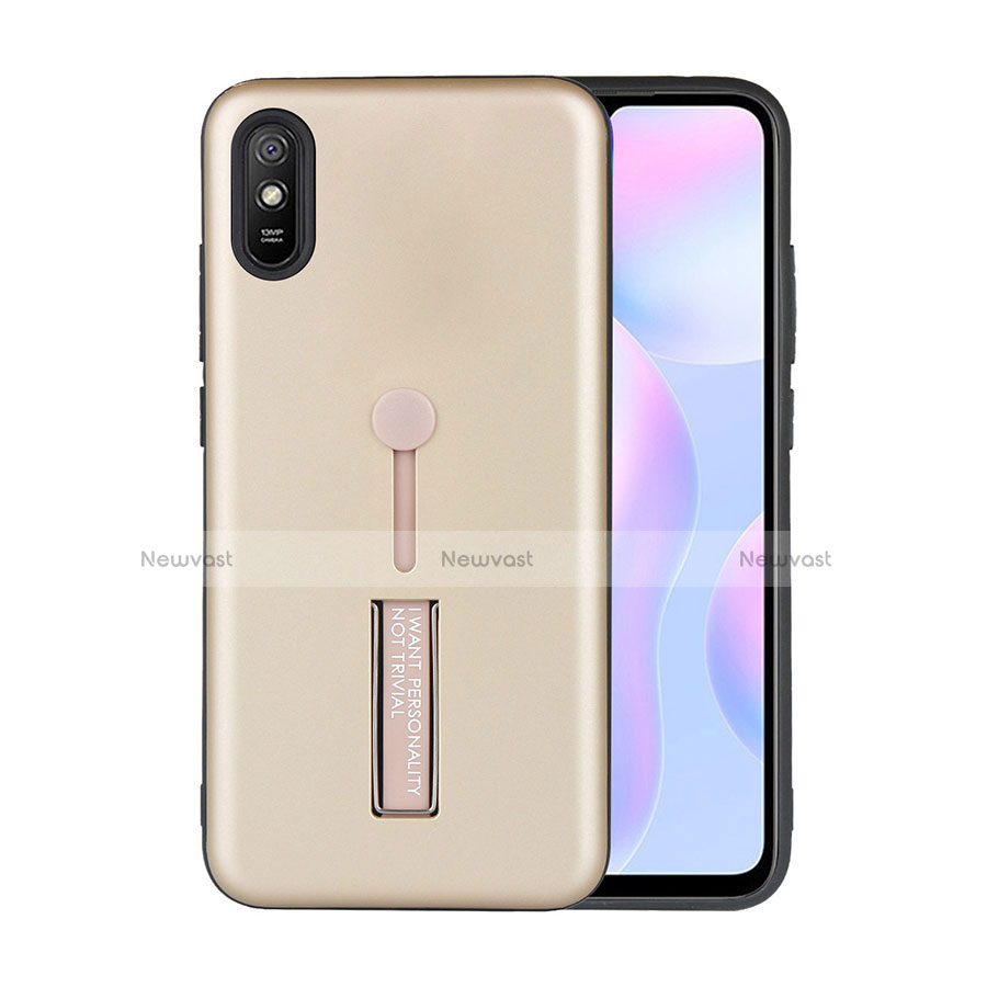 Silicone Matte Finish and Plastic Back Cover Case with Stand R05 for Xiaomi Redmi 9A Gold