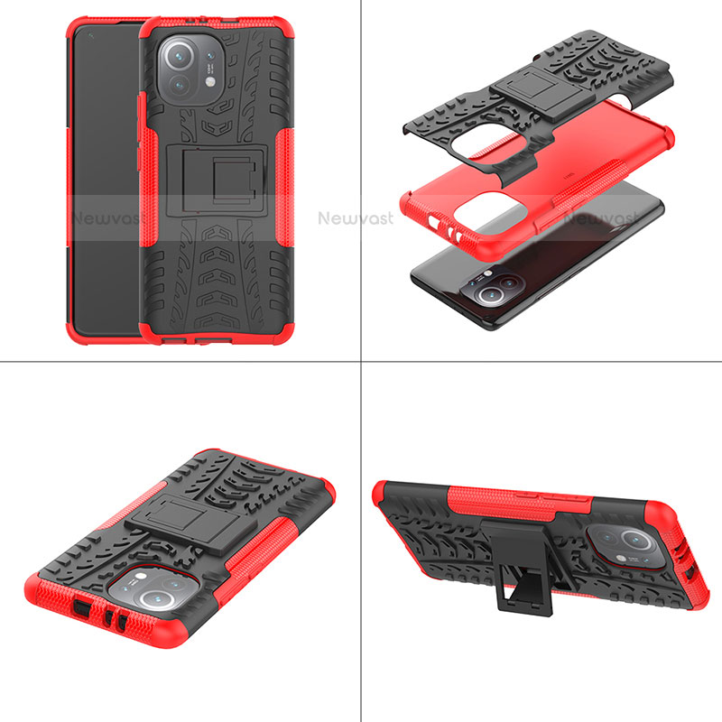 Silicone Matte Finish and Plastic Back Cover Case with Stand R06 for Xiaomi Mi 11 5G