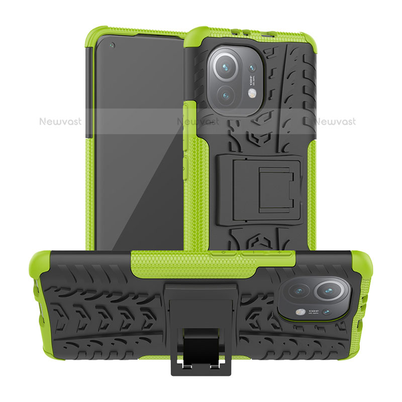 Silicone Matte Finish and Plastic Back Cover Case with Stand R06 for Xiaomi Mi 11 5G Green