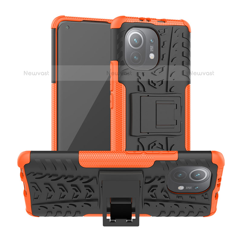 Silicone Matte Finish and Plastic Back Cover Case with Stand R06 for Xiaomi Mi 11 5G Orange