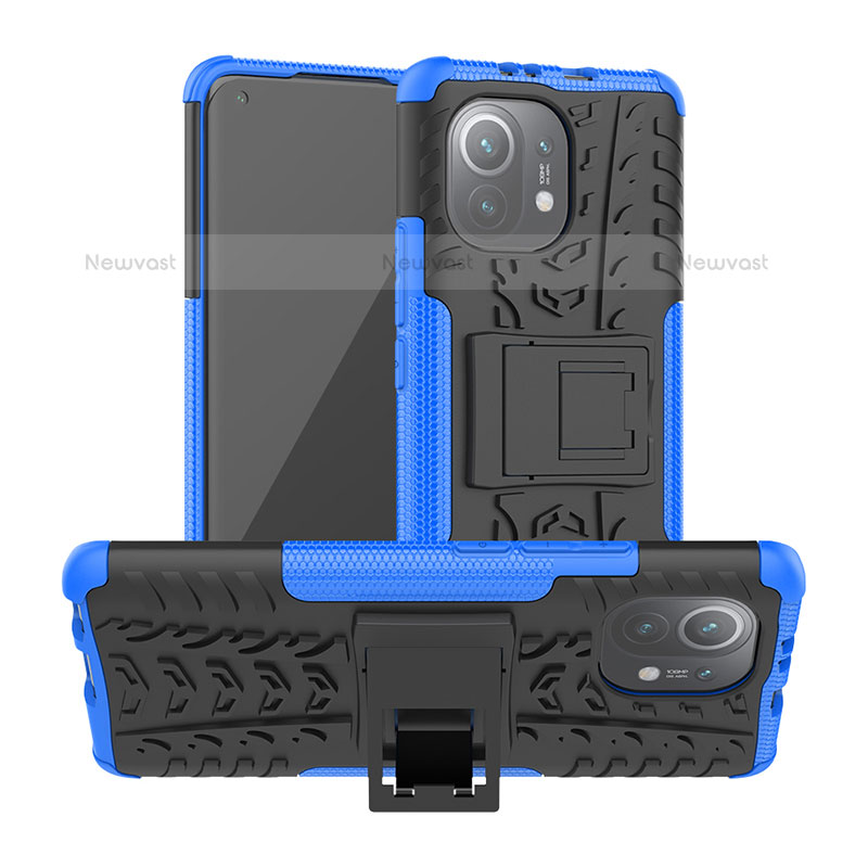 Silicone Matte Finish and Plastic Back Cover Case with Stand R06 for Xiaomi Mi 11 Lite 5G Blue