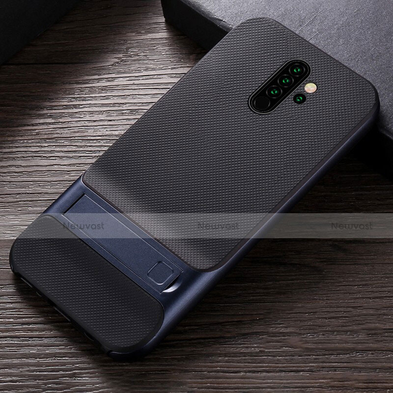 Silicone Matte Finish and Plastic Back Cover Case with Stand R06 for Xiaomi Redmi Note 8 Pro Blue