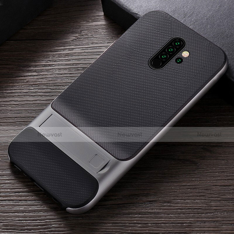 Silicone Matte Finish and Plastic Back Cover Case with Stand R06 for Xiaomi Redmi Note 8 Pro Gray