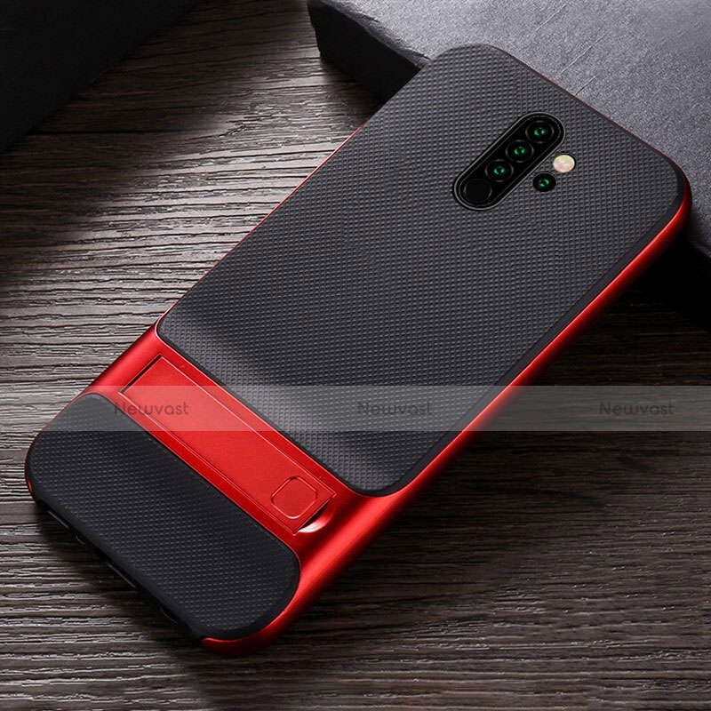 Silicone Matte Finish and Plastic Back Cover Case with Stand R06 for Xiaomi Redmi Note 8 Pro Red