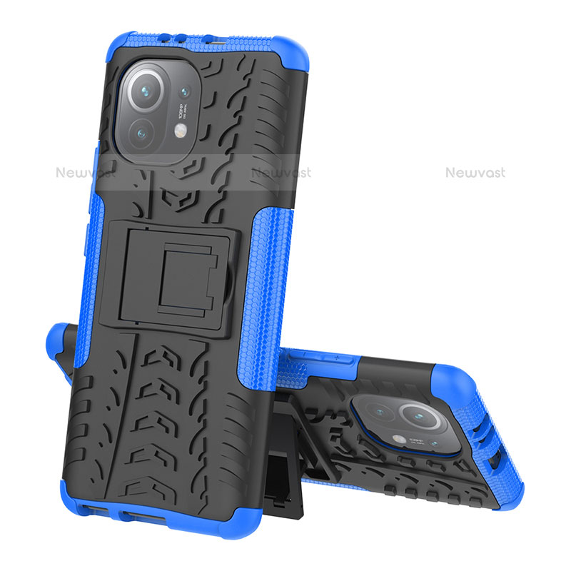 Silicone Matte Finish and Plastic Back Cover Case with Stand R07 for Xiaomi Mi 11 5G Blue