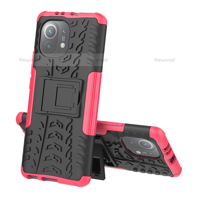 Silicone Matte Finish and Plastic Back Cover Case with Stand R07 for Xiaomi Mi 11 5G Hot Pink