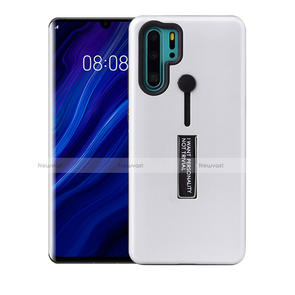 Silicone Matte Finish and Plastic Back Cover Case with Stand T01 for Huawei P30 Pro White