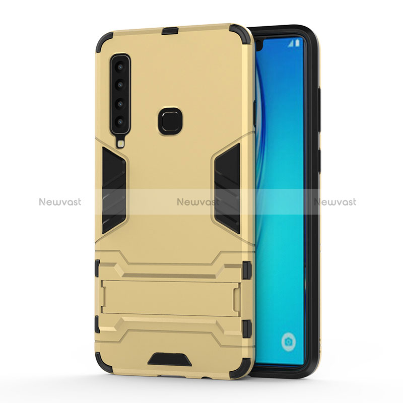 Silicone Matte Finish and Plastic Back Cover Case with Stand T01 for Samsung Galaxy A9s Gold