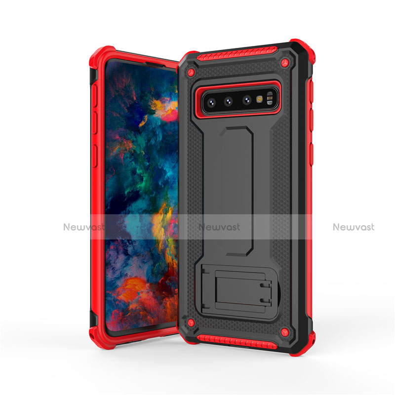 Silicone Matte Finish and Plastic Back Cover Case with Stand T01 for Samsung Galaxy S10 Red and Black