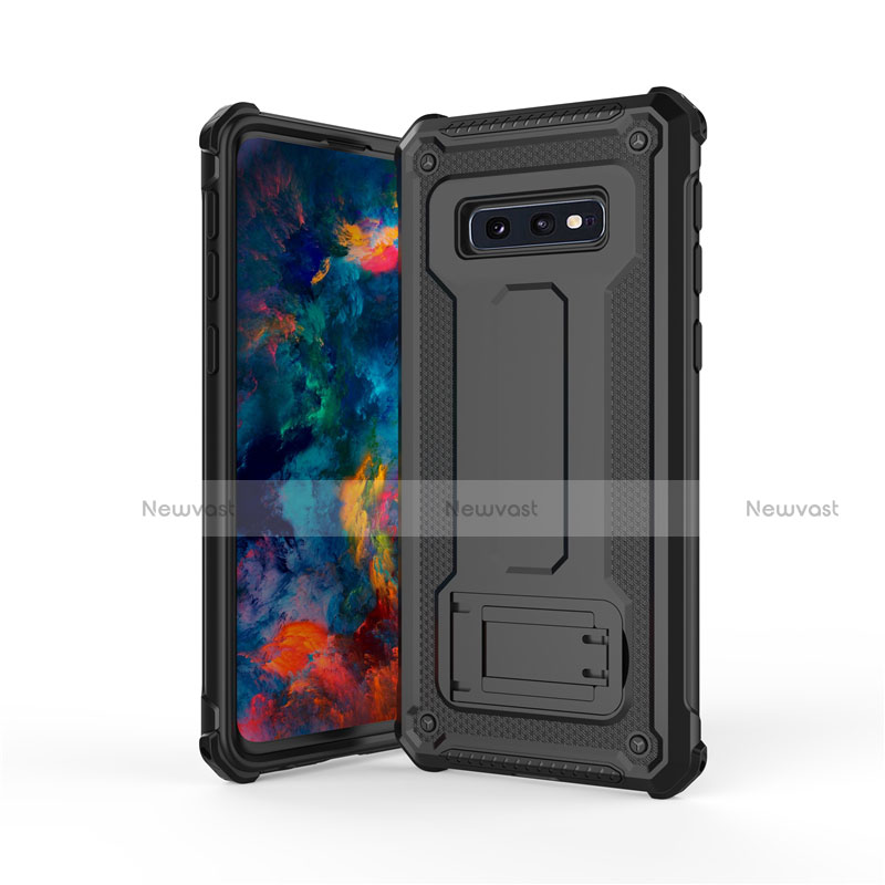 Silicone Matte Finish and Plastic Back Cover Case with Stand T01 for Samsung Galaxy S10e Black
