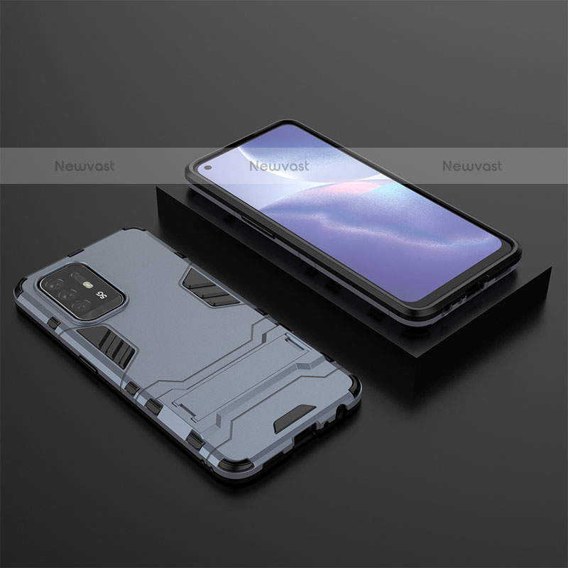 Silicone Matte Finish and Plastic Back Cover Case with Stand T02 for Oppo F19 Pro+ Plus 5G Blue