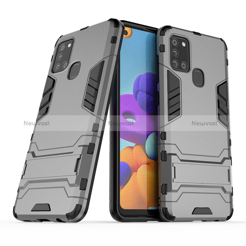 Silicone Matte Finish and Plastic Back Cover Case with Stand T02 for Samsung Galaxy A21s