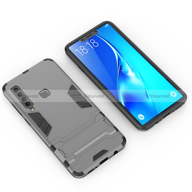 Silicone Matte Finish and Plastic Back Cover Case with Stand T02 for Samsung Galaxy A9 Star Pro Gray
