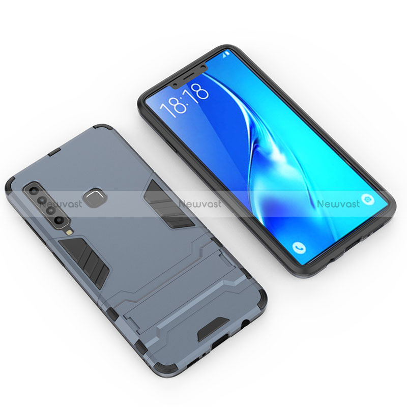 Silicone Matte Finish and Plastic Back Cover Case with Stand T02 for Samsung Galaxy A9s Blue