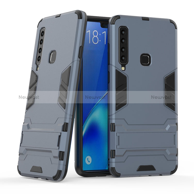 Silicone Matte Finish and Plastic Back Cover Case with Stand T03 for Samsung Galaxy A9s Blue