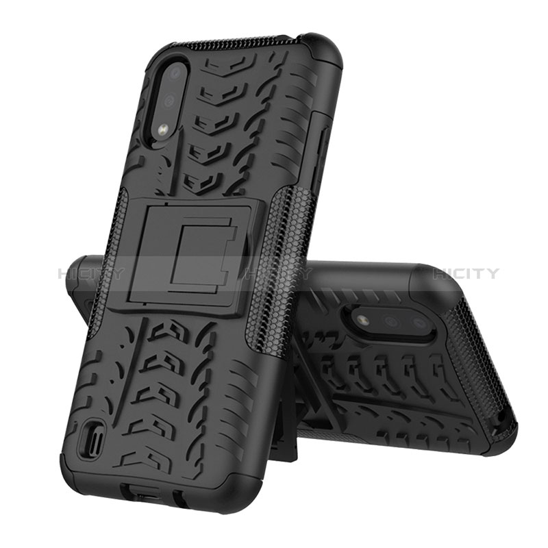Silicone Matte Finish and Plastic Back Cover Case with Stand T04 for Samsung Galaxy A01 SM-A015 Black