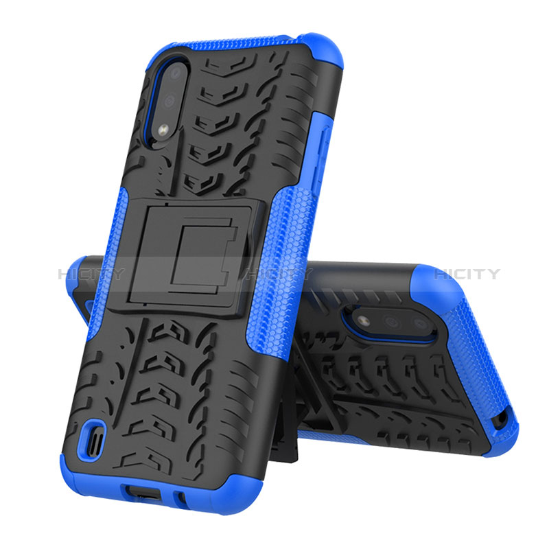Silicone Matte Finish and Plastic Back Cover Case with Stand T04 for Samsung Galaxy A01 SM-A015 Blue