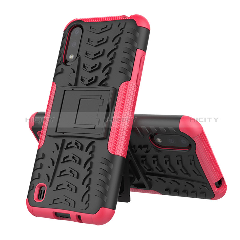 Silicone Matte Finish and Plastic Back Cover Case with Stand T04 for Samsung Galaxy A01 SM-A015 Hot Pink